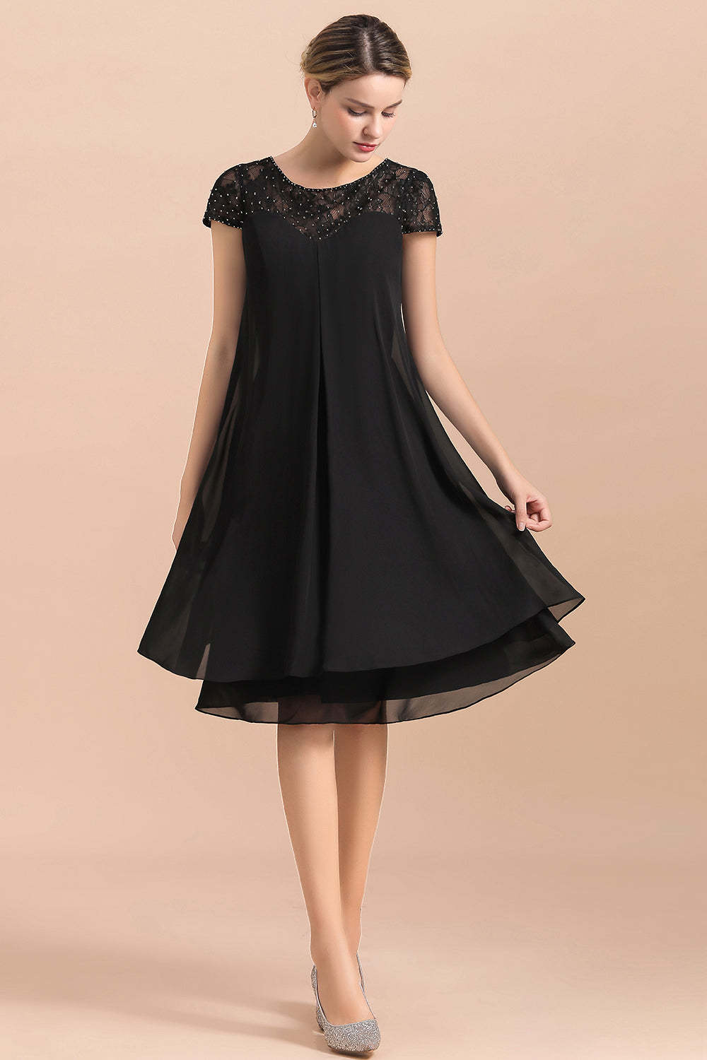 Knee Length Short Sleeve A-line Chiffon Mother Of The Bride Dress