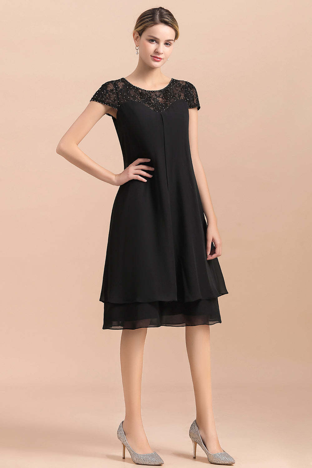 Knee Length Short Sleeve A-line Chiffon Mother Of The Bride Dress