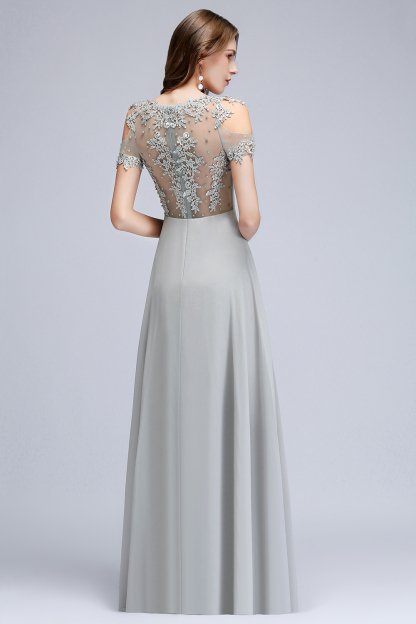 Short Sleeve Zipper Crew Neck Chiffon Appliques Lace Bridesmaid Dress 