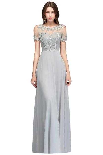 Short Sleeve Zipper Crew Neck Chiffon Appliques Lace Bridesmaid Dress 