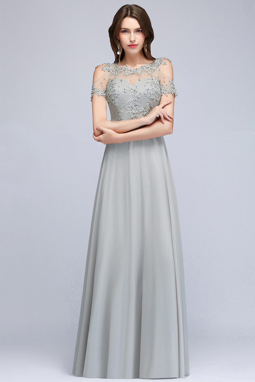 Short Sleeve Zipper Crew Neck Chiffon Appliques Lace Bridesmaid Dress 
