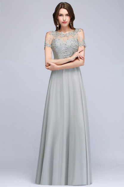 Short Sleeve Zipper Crew Neck Chiffon Appliques Lace Bridesmaid Dress 