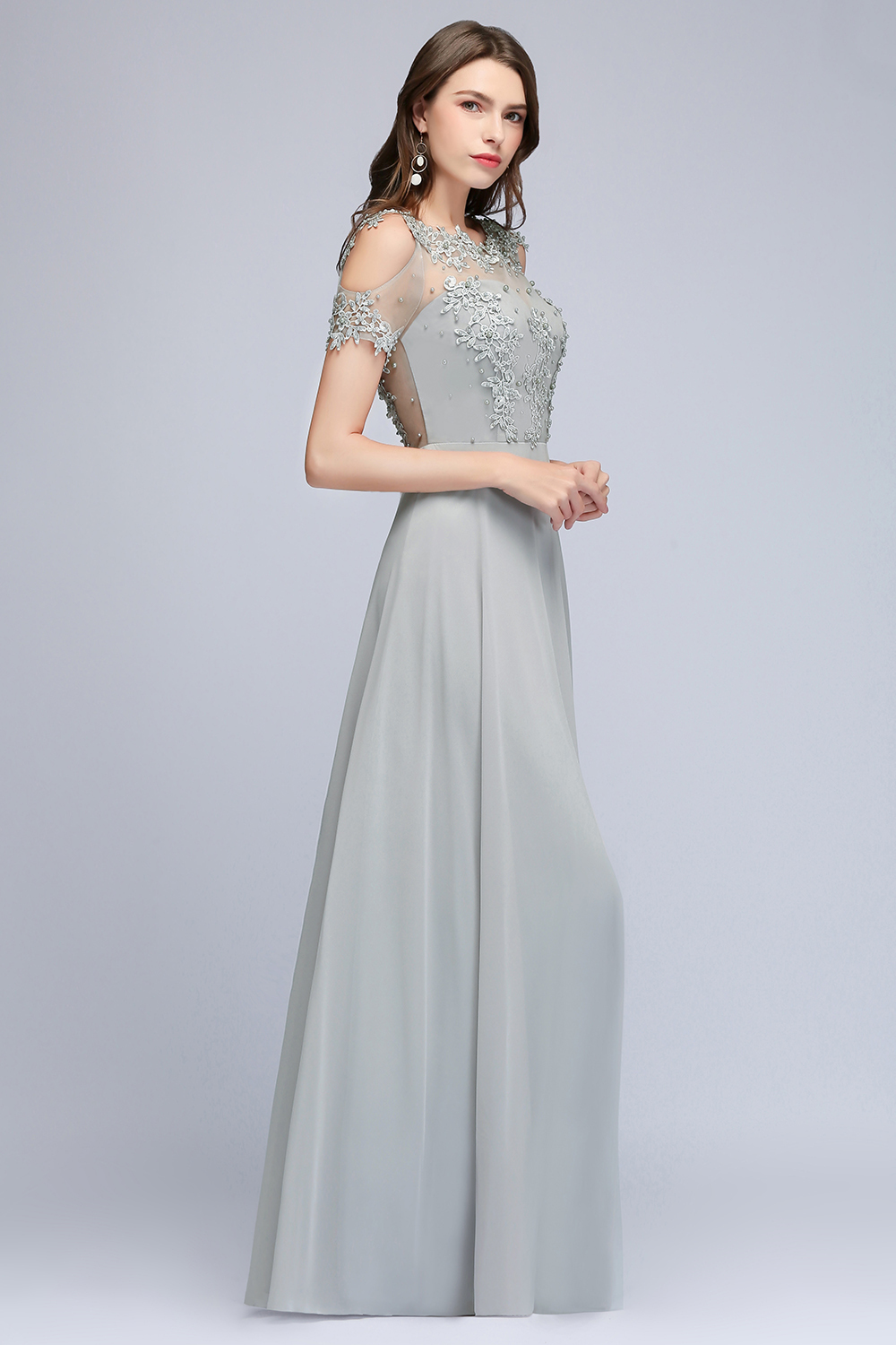 Short Sleeve Zipper Crew Neck Chiffon Appliques Lace Bridesmaid Dress 