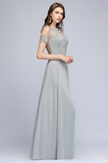 Short Sleeve Zipper Crew Neck Chiffon Appliques Lace Bridesmaid Dress 