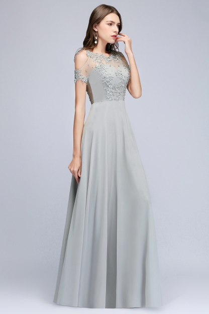 Short Sleeve Zipper Crew Neck Chiffon Appliques Lace Bridesmaid Dress 