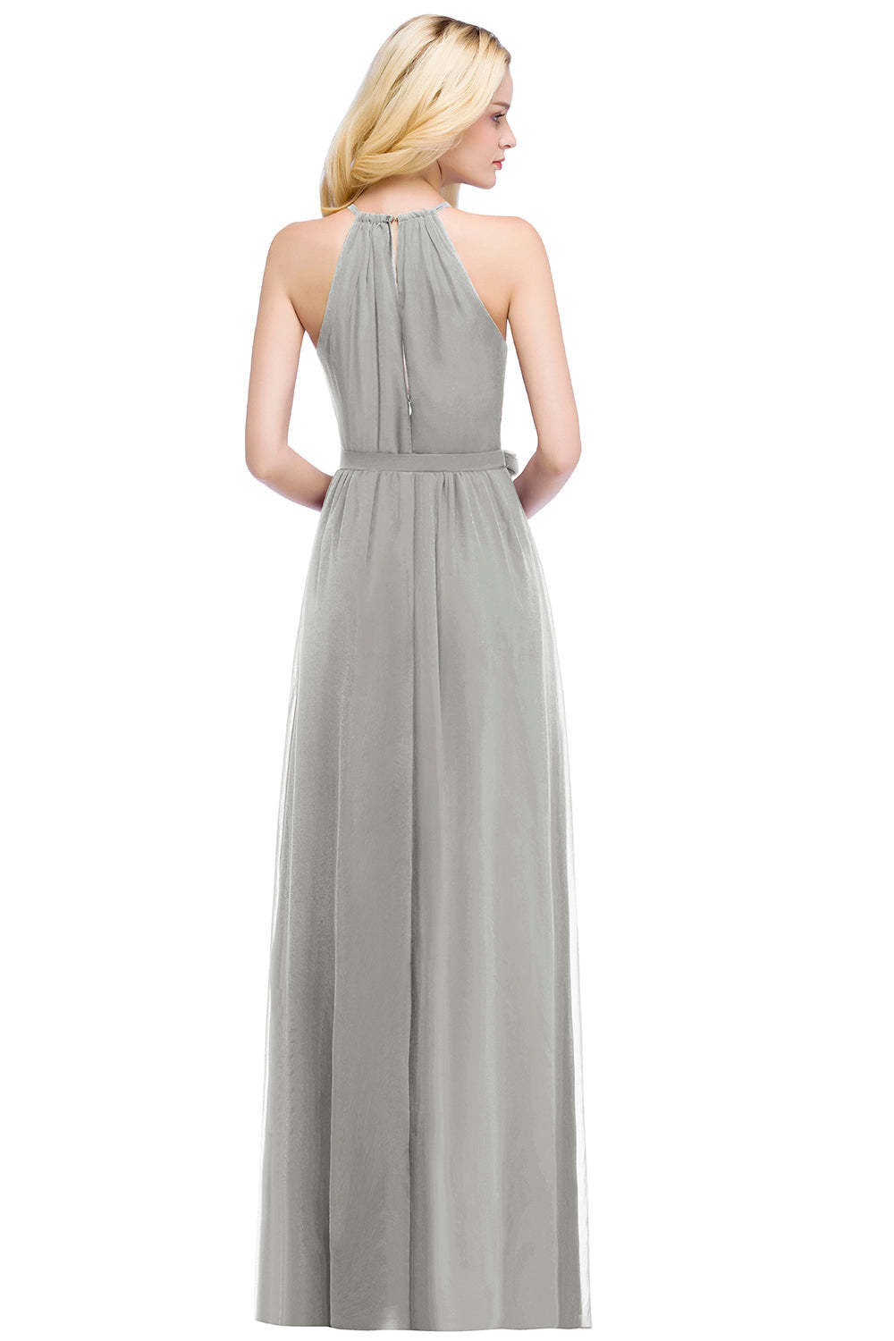 Long A line Halter Chiffon Ruffle Floor Length Bridesmaid Dress - YESBABYONLINE