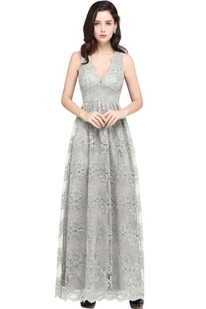 Long A Line Lace V Neck Sleveless Floor Length Evening Dress - YESBABYONLINE