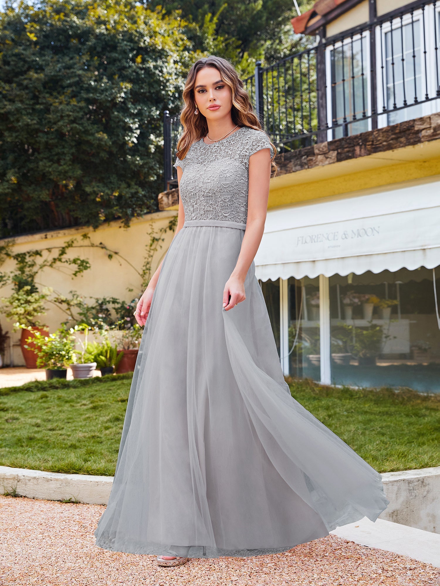Long A line Evening Dress Scoop Neck Tulle Bridesmaid Dresses - YESBABYONLINE