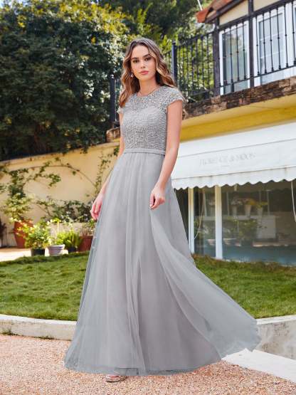 Long A line Evening Dress Scoop Neck Tulle Bridesmaid Dresses - YESBABYONLINE
