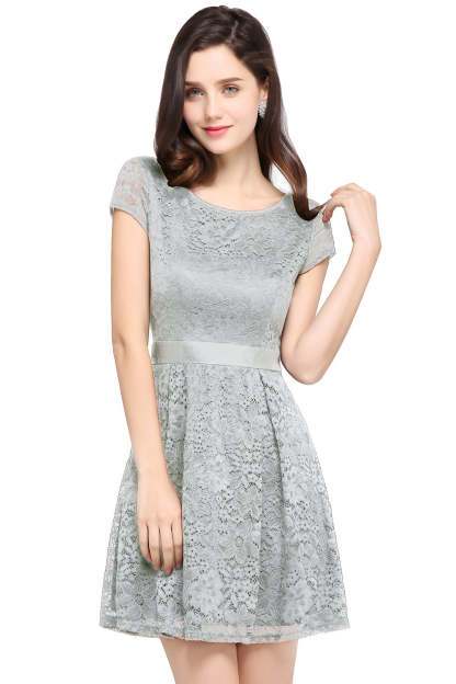 Short Cap Sleeves Formal Dress Round Neck Lace A line Bridesmaid Dress - YESBABYONLINE