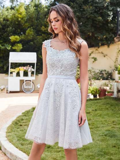 Short Tulle A line Sleeveless Knee Length Homecoming Dress - YESBABYONLINE