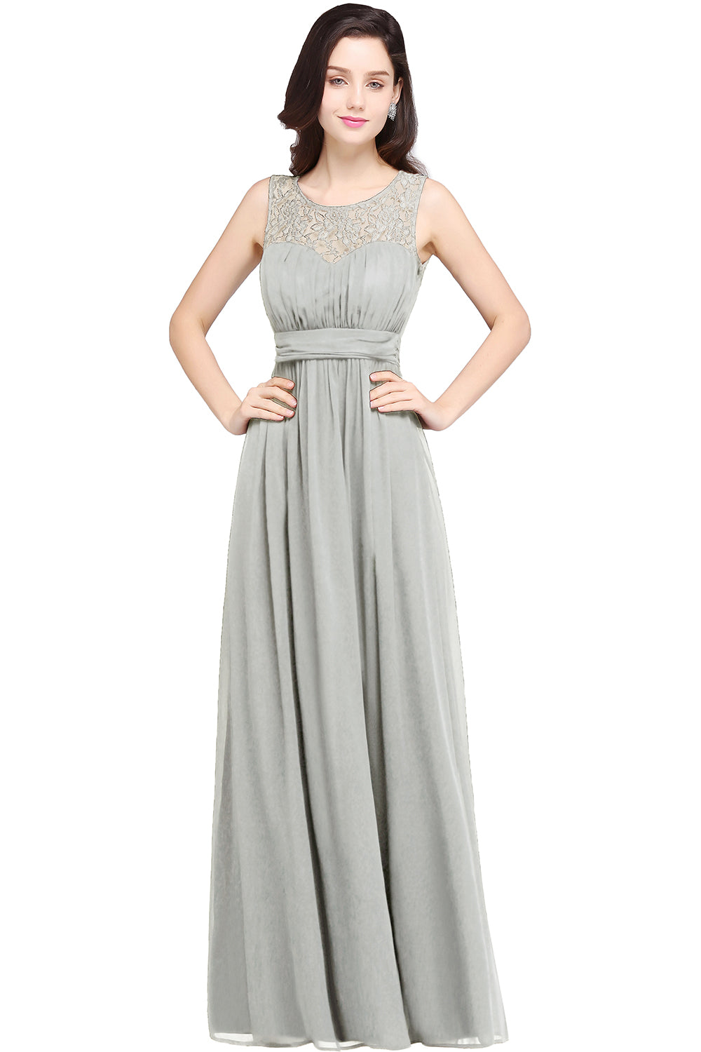 Long A Line Round Neck Chiffon Floor Length Formal Dresses - YESBABYONLINE