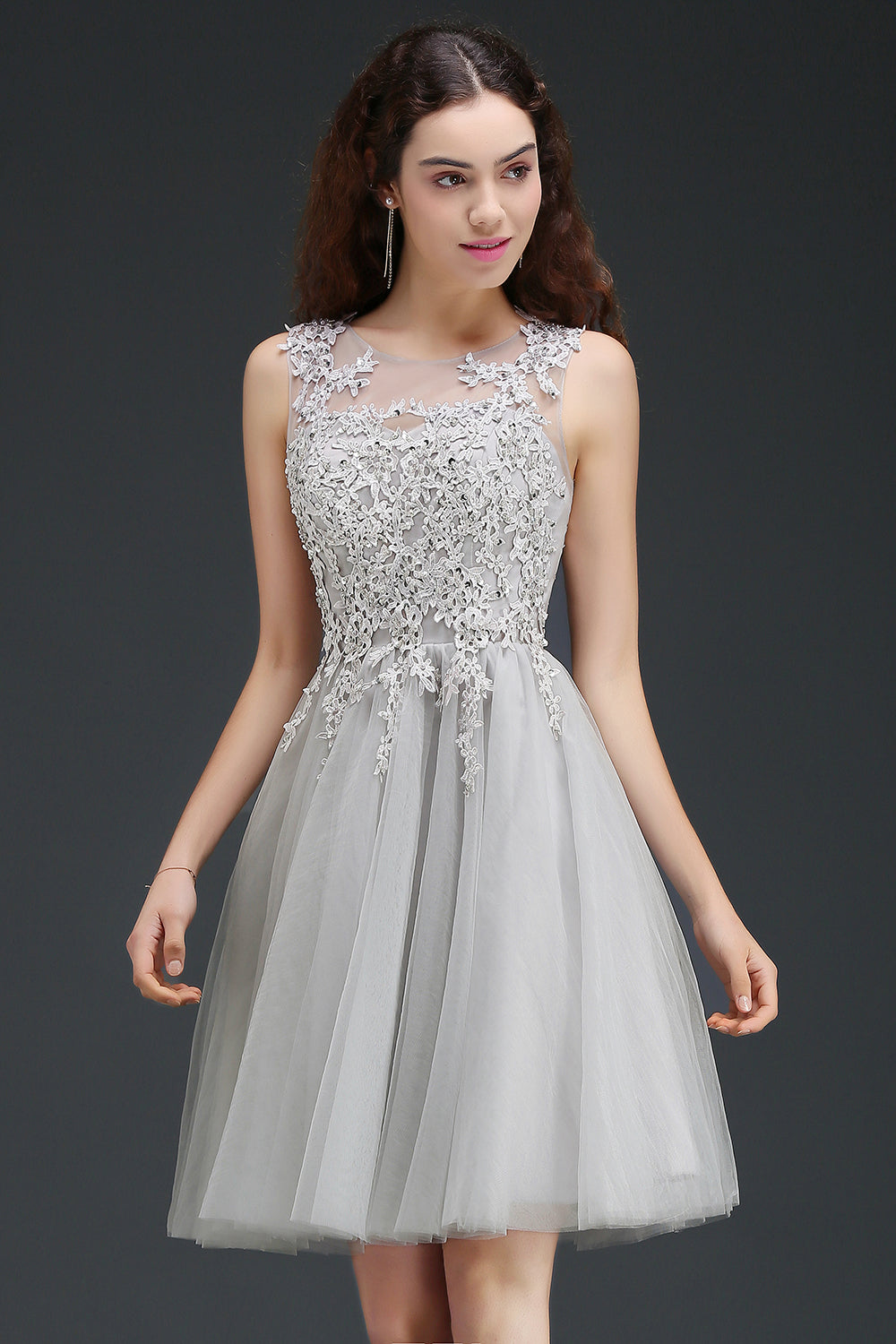 A line Round Neck Tulle Lace Mini Bridesmaid Dress with Appliques Lace - YESBABYONLINE