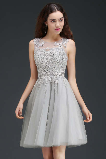 A line Round Neck Tulle Lace Mini Bridesmaid Dress with Appliques Lace - YESBABYONLINE
