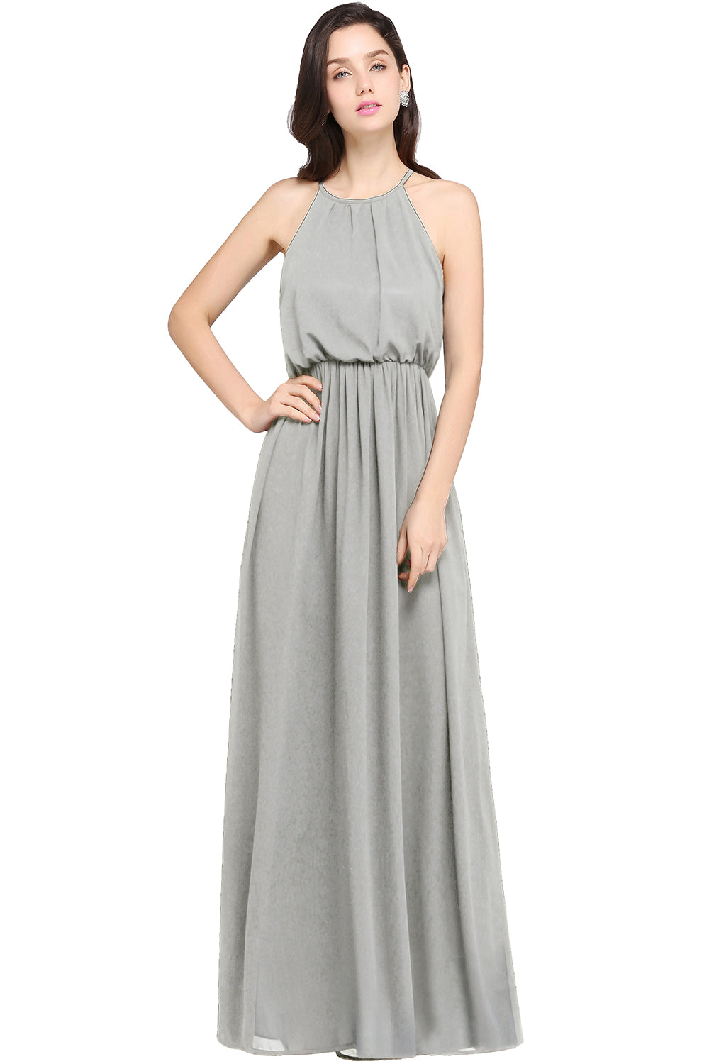Casual Long Halter Chiffon Floor Length A Line Bridesmaid Dress - YESBABYONLINE