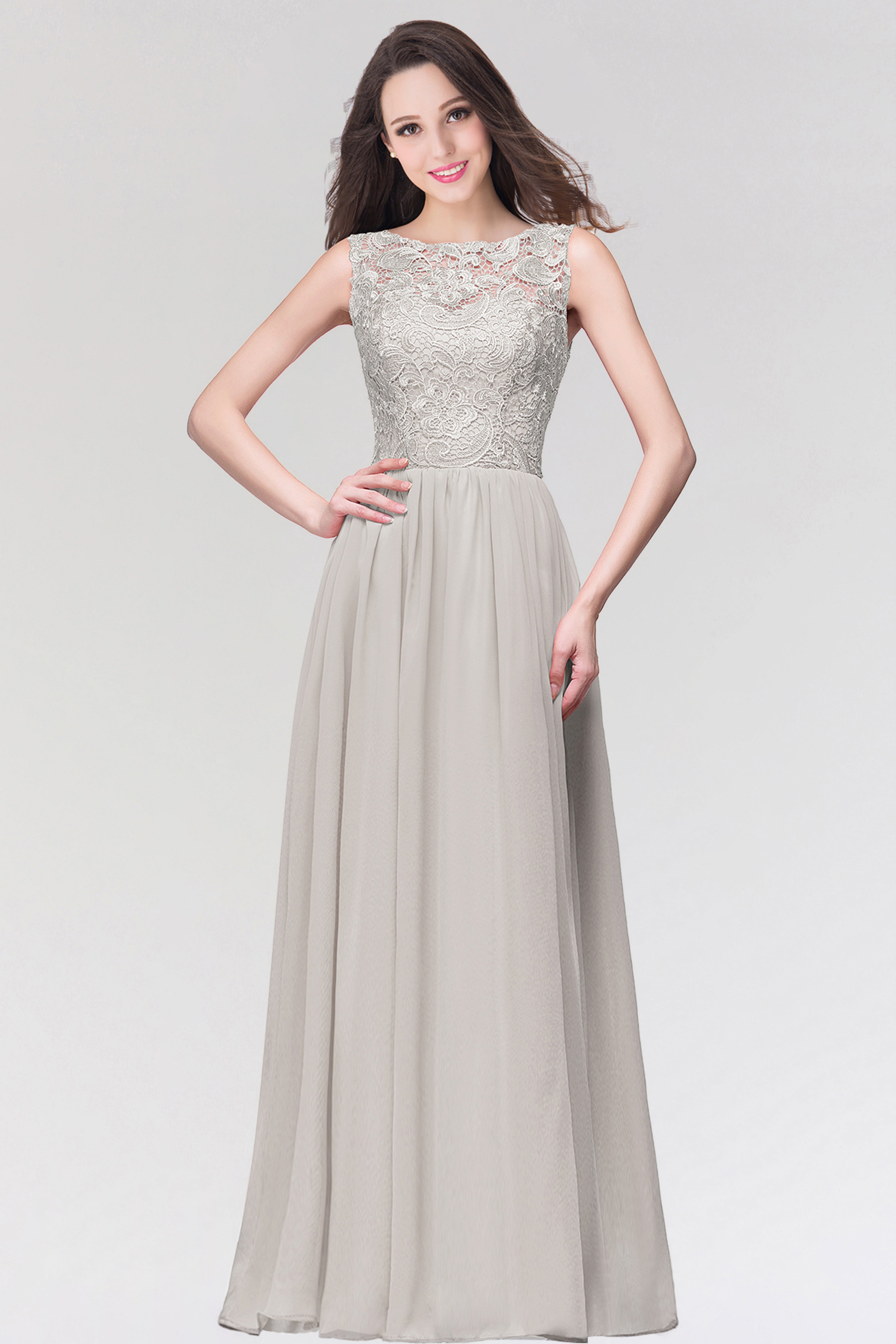 Long Chiffon Lace Sleeveless A Line Ruched Bridesmaid Dress - YESBABYONLINE