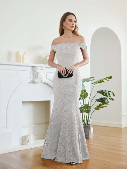 Long Mermaid Off the Shoulder Lace Floor Length Evening Dresses - YESBABYONLINE