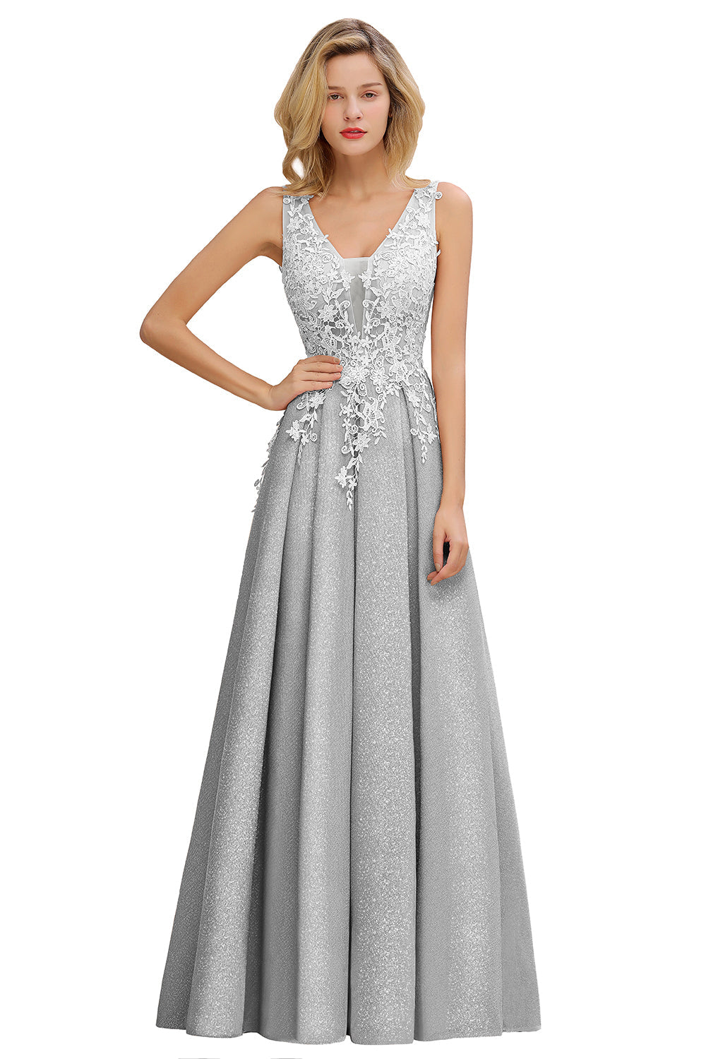 Long A Line V-Neck Sleeveless Tulle Lace Formal Dress with Appliques - YESBABYONLINE