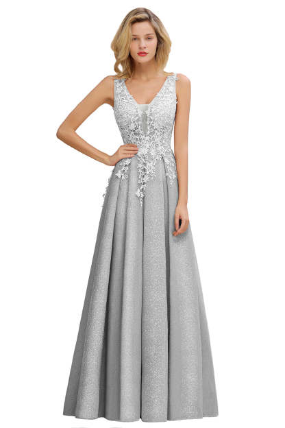 Long A Line V-Neck Sleeveless Tulle Lace Formal Dress with Appliques - YESBABYONLINE