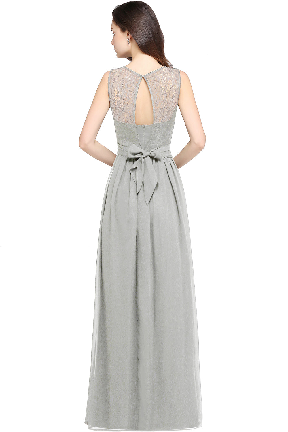 Long Off The Shoulder Round Neck Chiffon Bridesmaid Dress with Floral Lace and Ruffle - YESBABYONLINE