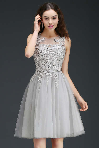 A line Round Neck Tulle Lace Mini Bridesmaid Dress with Appliques Lace - YESBABYONLINE