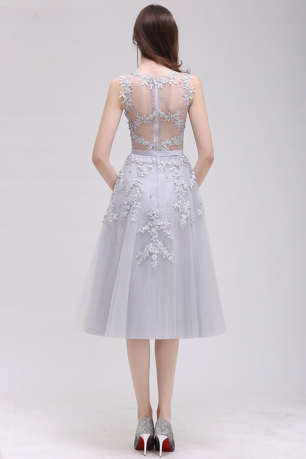 Short A Line Sleeveless Crew Neck Tulle Lace Formal Dress - YESBABYONLINE