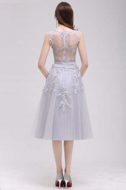Short A Line Sleeveless Crew Neck Tulle Lace Formal Dress - YESBABYONLINE