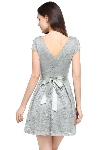 Short Cap Sleeves Formal Dress Round Neck Lace A line Bridesmaid Dress - YESBABYONLINE