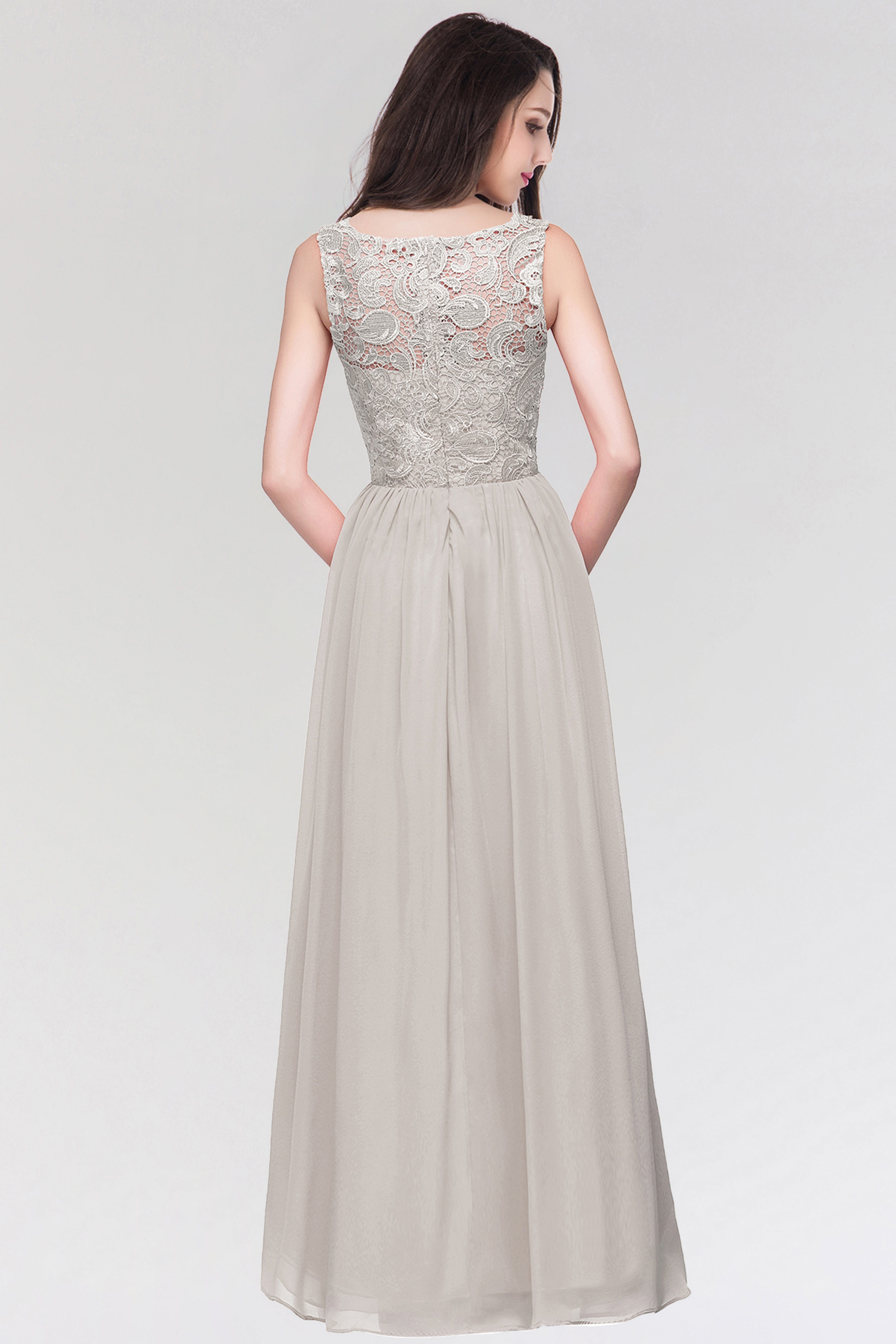 Long Chiffon Lace Sleeveless A Line Ruched Bridesmaid Dress - YESBABYONLINE