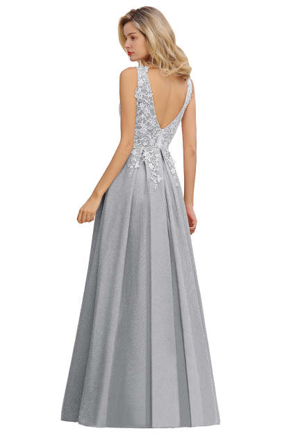 Long A Line V-Neck Sleeveless Tulle Lace Formal Dress with Appliques - YESBABYONLINE