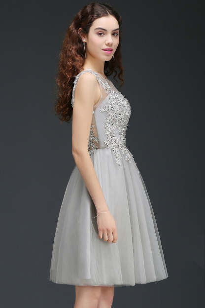 A line Round Neck Tulle Lace Mini Bridesmaid Dress with Appliques Lace - YESBABYONLINE