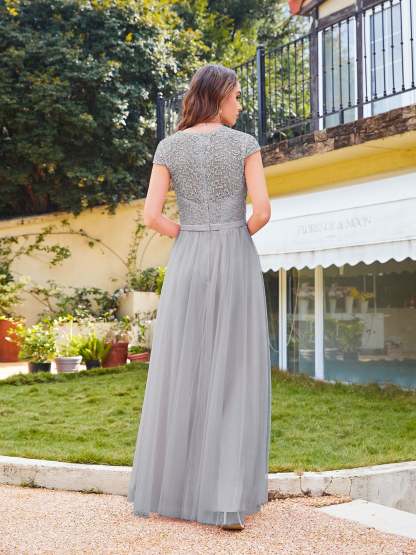 Long A line Evening Dress Scoop Neck Tulle Bridesmaid Dresses - YESBABYONLINE