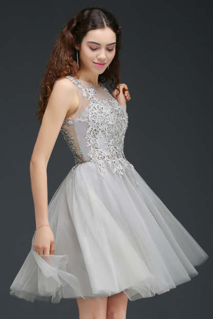 A line Round Neck Tulle Lace Mini Bridesmaid Dress with Appliques Lace - YESBABYONLINE