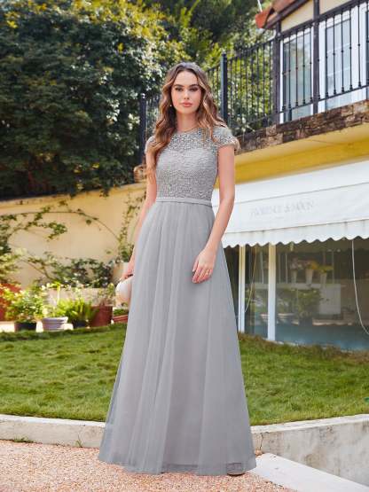 Long A line Evening Dress Scoop Neck Tulle Bridesmaid Dresses - YESBABYONLINE