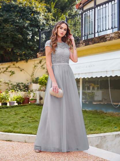 Long A line Evening Dress Scoop Neck Tulle Bridesmaid Dresses - YESBABYONLINE