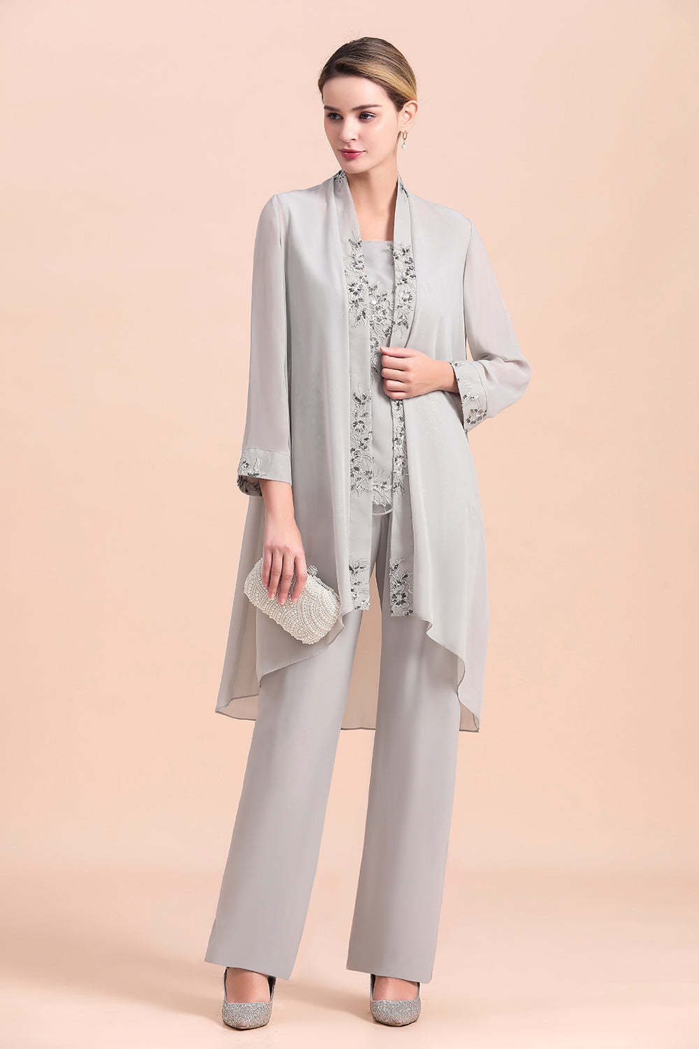 Silver Appliques Lace Mother Of The Bride Dresses Chiffon Jumpsuit Yesbabyonline