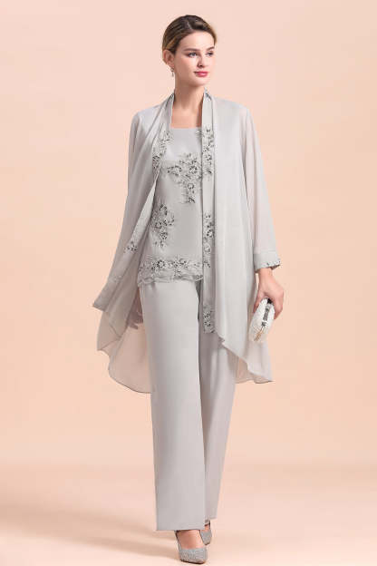 Silver Appliques Lace Mother Of The Bride Dresses Chiffon Jumpsuit Yesbabyonline