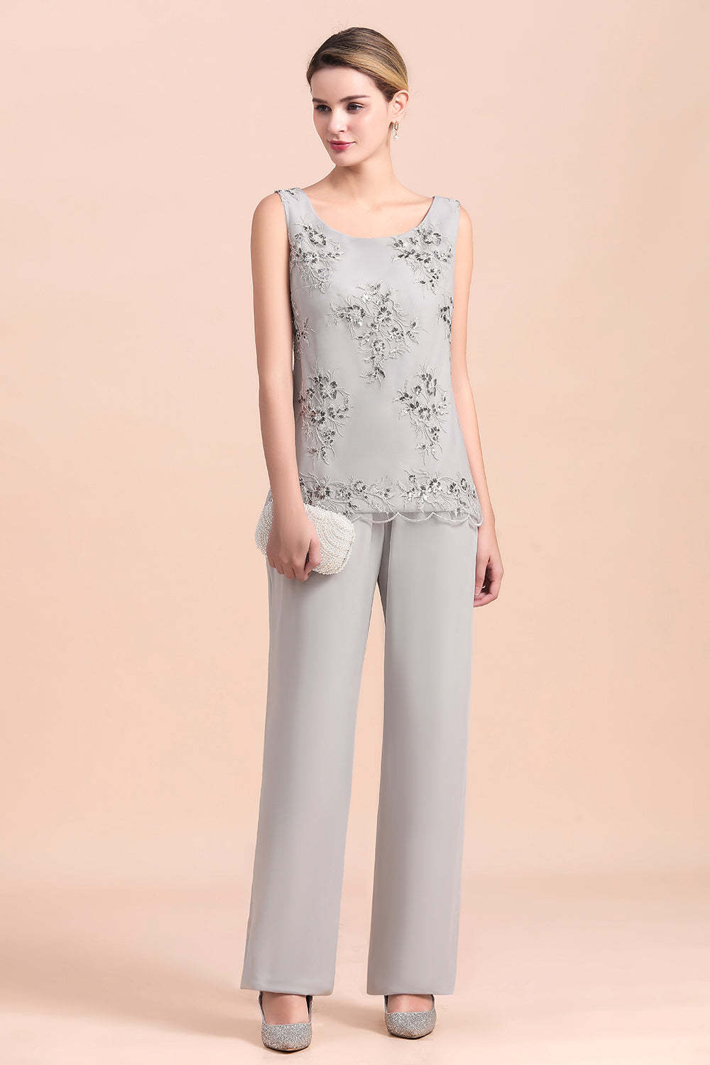 Silver Appliques Lace Mother Of The Bride Dresses Chiffon Jumpsuit Yesbabyonline