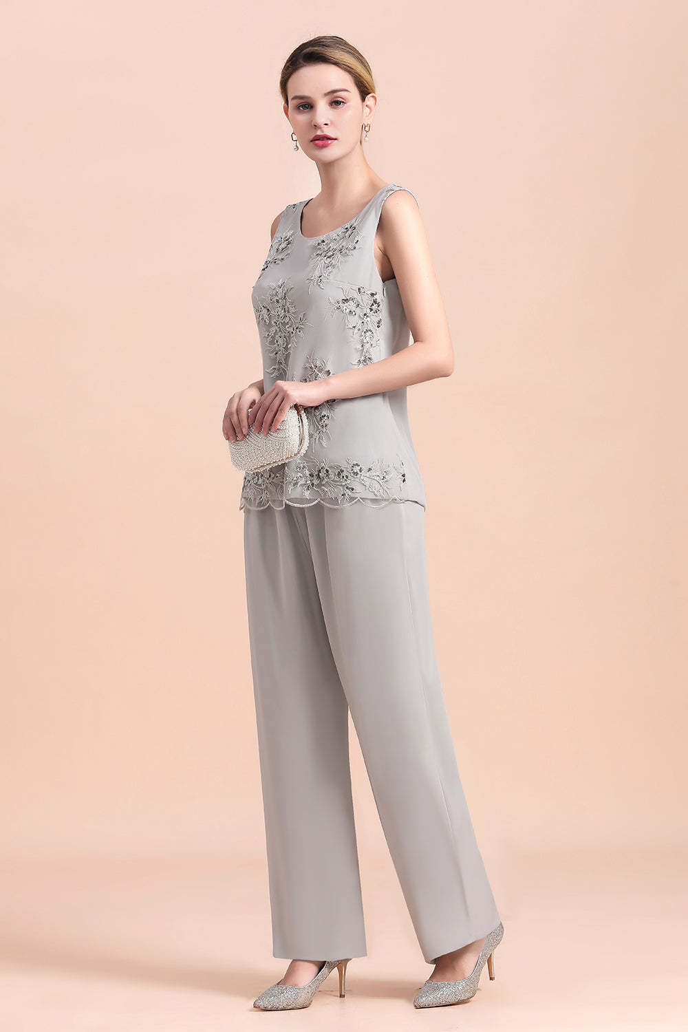 Silver Appliques Lace Mother Of The Bride Dresses Chiffon Jumpsuit Yesbabyonline
