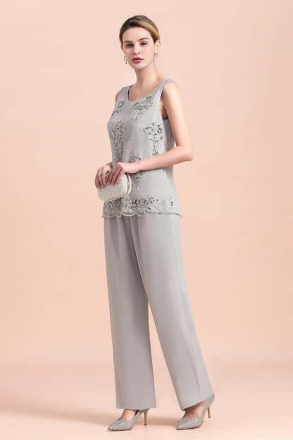Silver Appliques Lace Mother Of The Bride Dresses Chiffon Jumpsuit Yesbabyonline