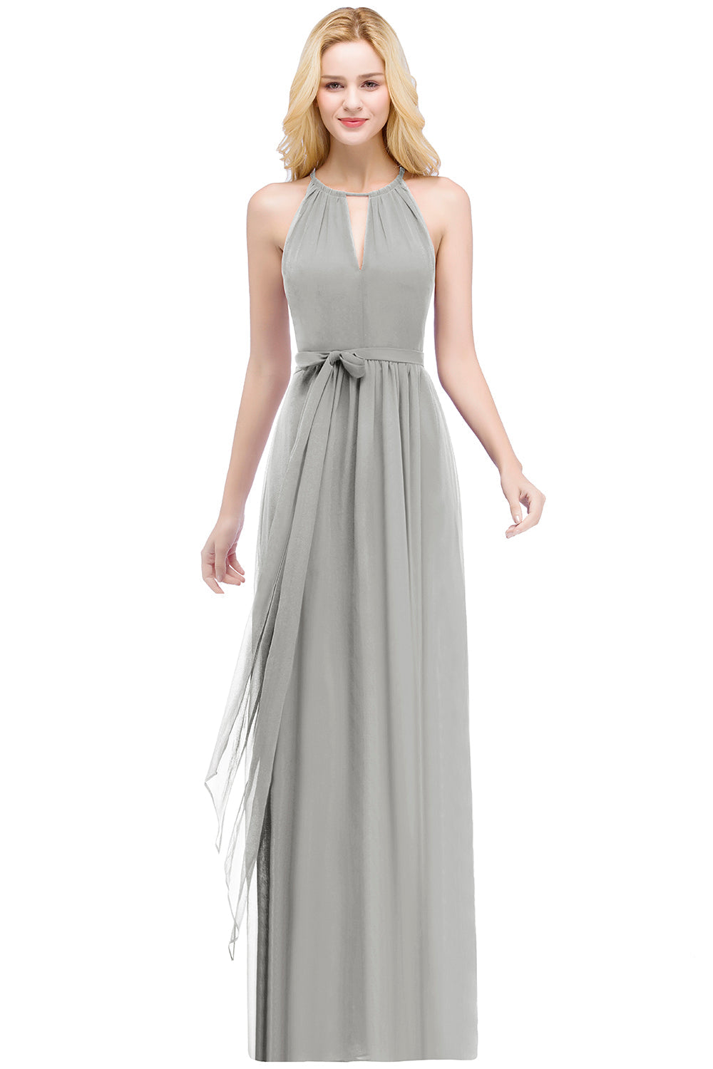 Long A line Halter Chiffon Ruffle Floor Length Bridesmaid Dress - YESBABYONLINE