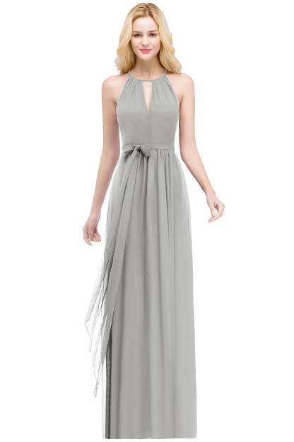 Long A line Halter Chiffon Ruffle Floor Length Bridesmaid Dress - YESBABYONLINE