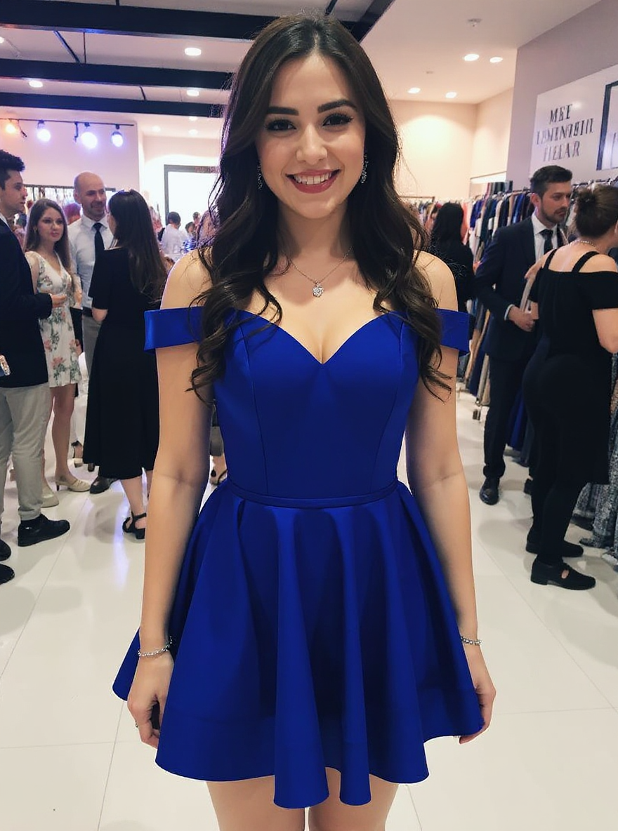 Simple Royal Blue Short A-line Off-the-Shoulder V-Neck Homecoming Dress