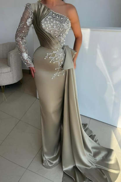 Long One Shoulder Satin Beaded Mermaid Formal Evening Dresses with Sleeves