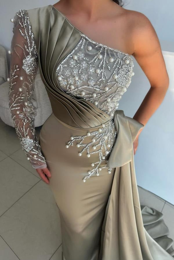 Long One Shoulder Satin Beaded Mermaid Formal Evening Dresses with Sleeves