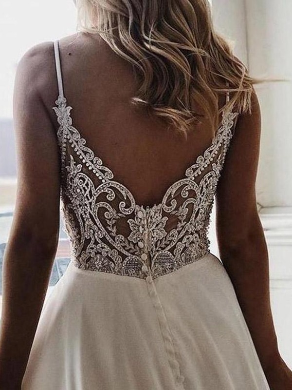 Simple White Spaghetti Straps V-neck Open Back Long Prom Dress