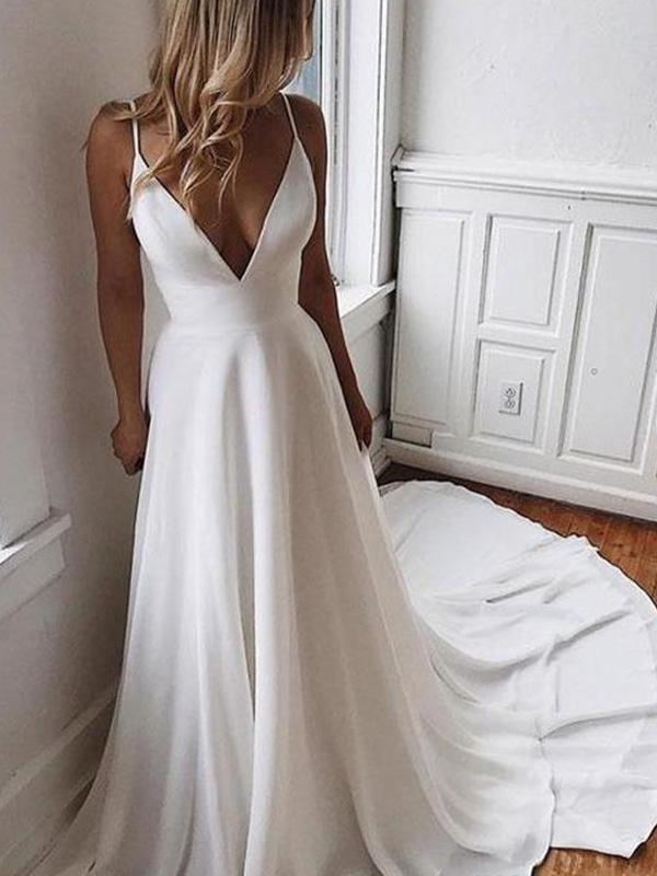 Simple White Spaghetti Straps V-neck Open Back Long Prom Dress