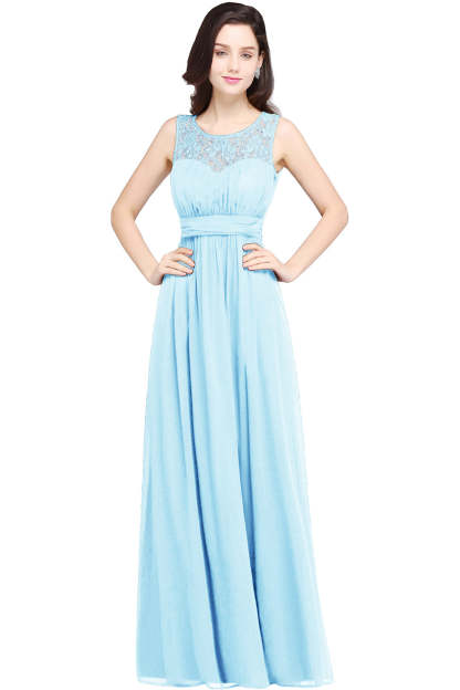 Long A Line Round Neck Chiffon Floor Length Formal Dresses - YESBABYONLINE