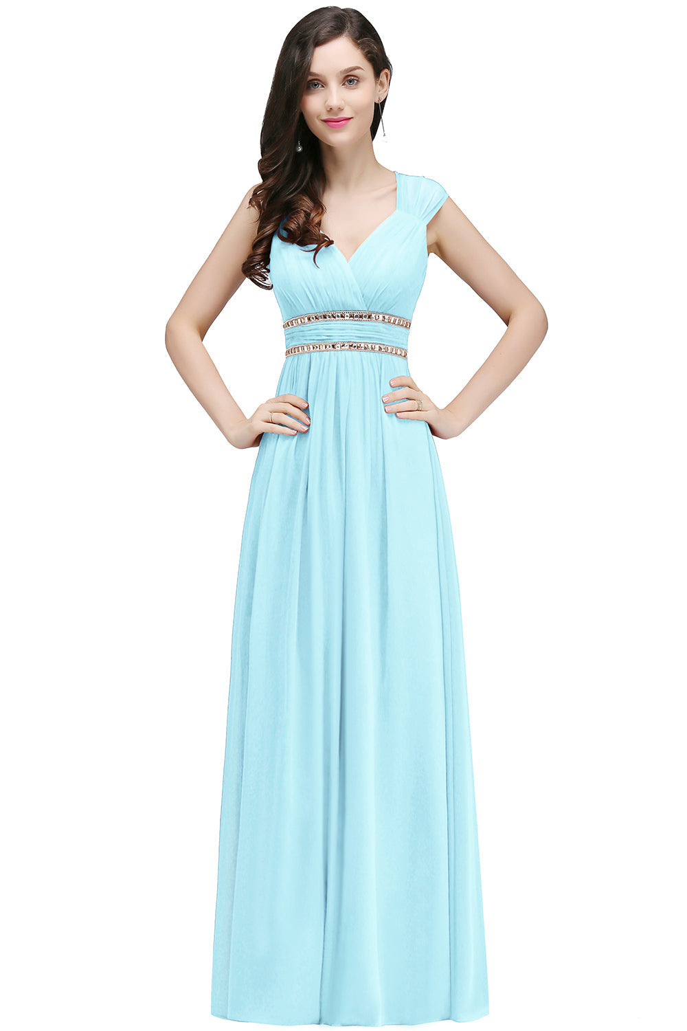 V Neck A Line Off The Shoulder Chiffon Long Bridesmaid Dress - YESBABYONLINE