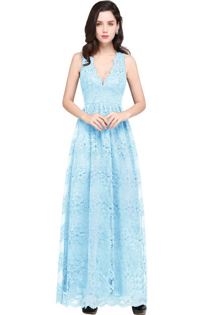 Long A Line Lace V Neck Sleveless Floor Length Evening Dress - YESBABYONLINE